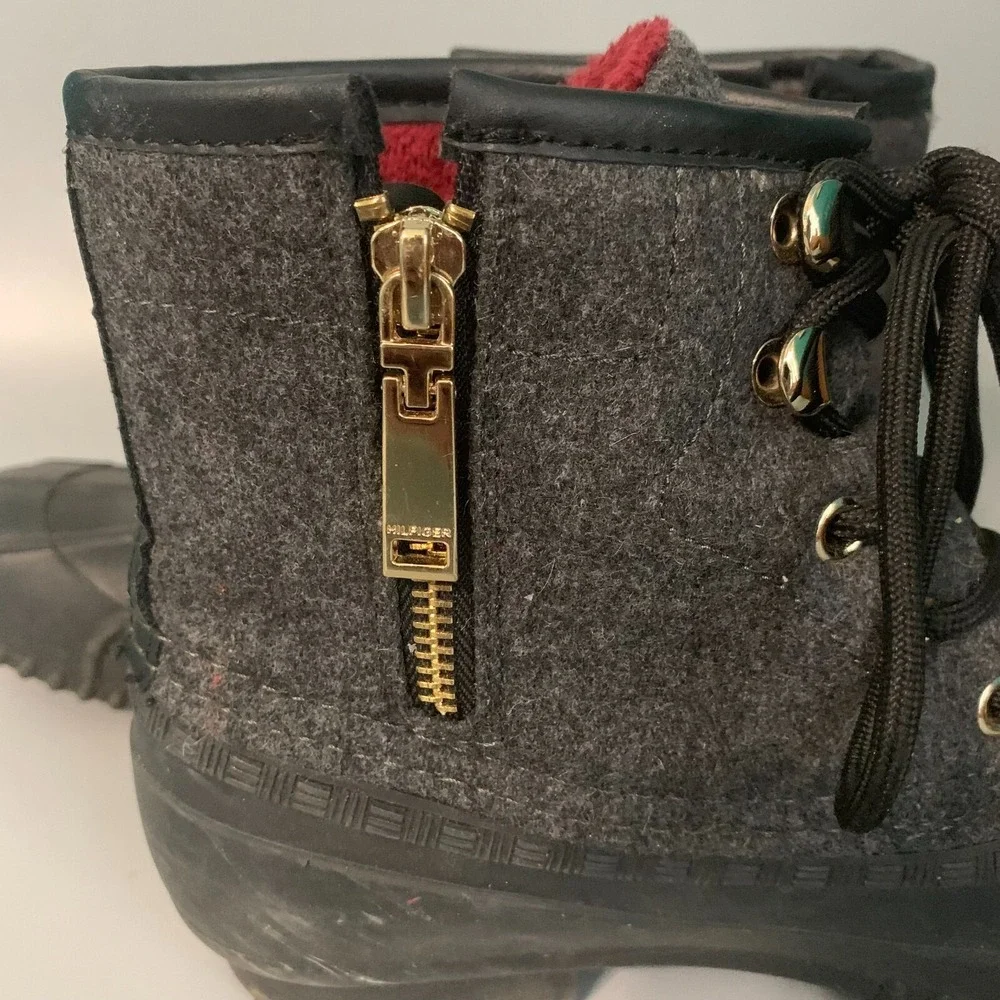 Tommy Hilfiger Womens Grey Wool Duck‎ Boots Gold Zip Ankle Rain Snow Boots